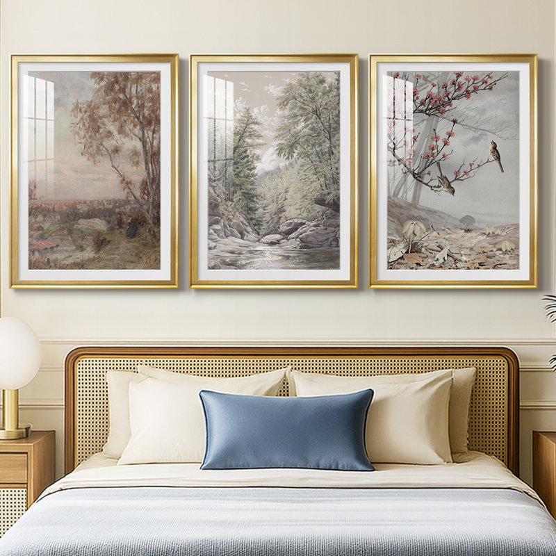 Paysage rétro Cxxxxi - impression encadrée de qualité supérieure sur mesure mat - 3 pièces, H 15 po x l 19 po, Doré
