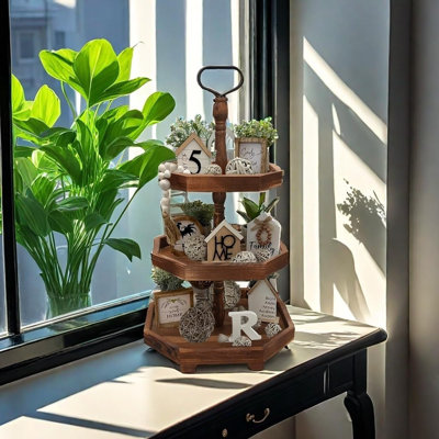 Three-Tier Wooden Serving Tray Stand, Decorative Farmhouse Trays For Cupcakes, Desserts, And Home Decor