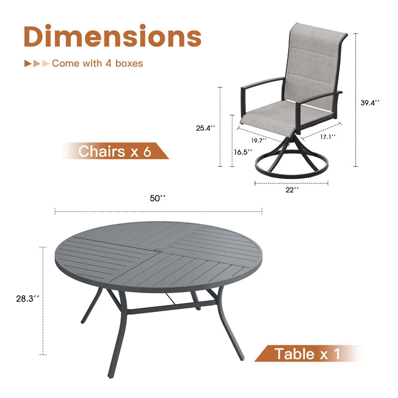 6-Person Patio Dining Set with Round Patio Dining Table and Padded Swivel Chairs, Gray/Gray