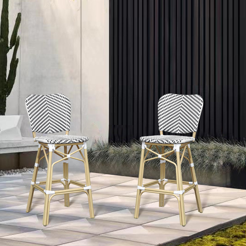 Anjanette Aluminum Outdoor Patio Bar Chair, Black/White