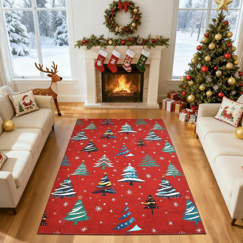 Red Rug, Washable Christmas Carpet, Soft Low Pile Non-Slip Rug for Kitchen, Entryway, or Bedroom Decor, Rectangle 4' x 6'
