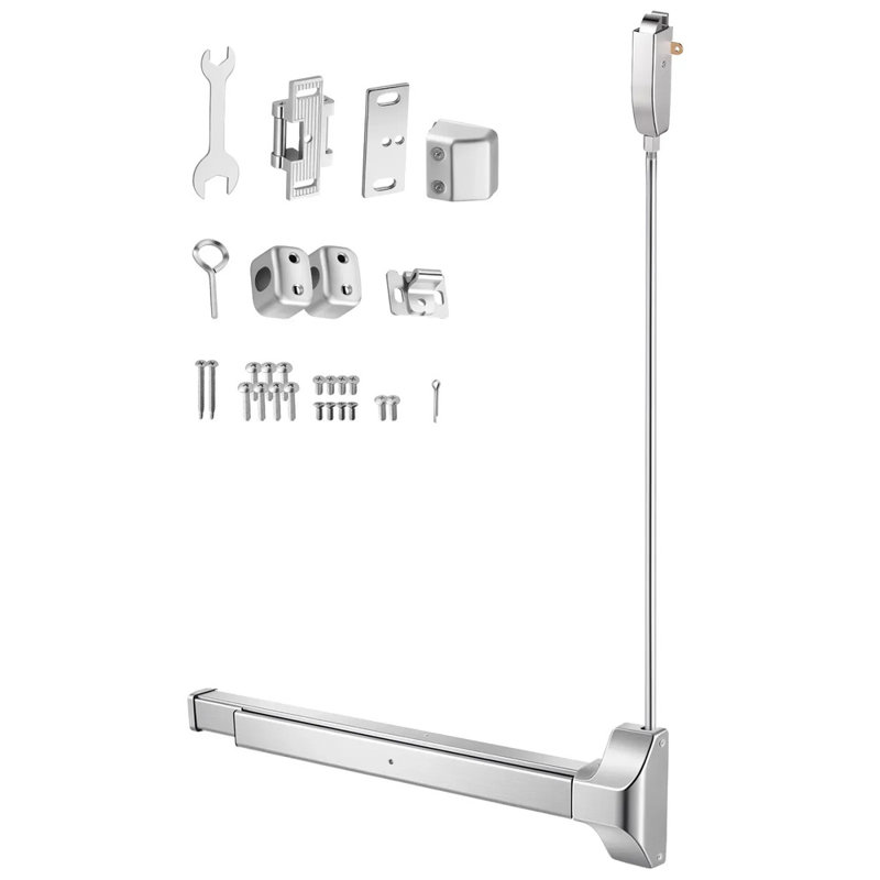 28 po, dispositif anti-panique à poussoir, barre anti-panique commerciale en acier inoxydable pour portes de sortie, quincaillerie de porte de secours avec tige verticale supérieure et autocollant, pour porte en bois ou en métal de 28 à 41 po