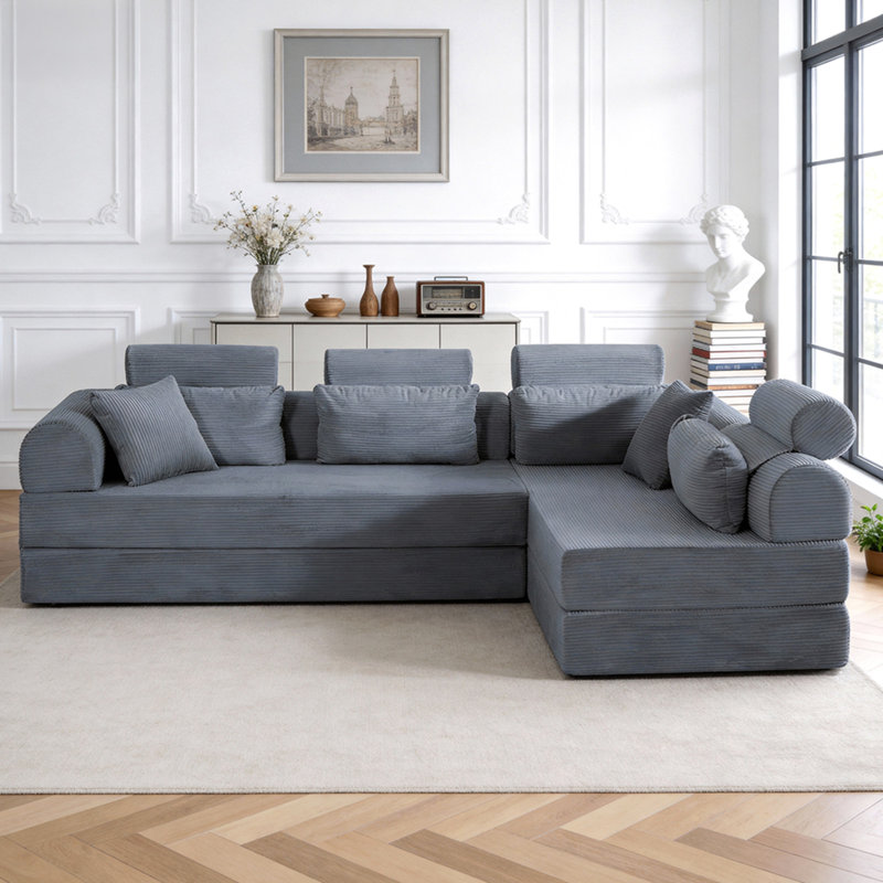 Canapé modulaire en forme de L, canapé modulaire compressé en velours côtelé de style minimaliste moderne, se déplie en un lit, une chambre à coucher, canapé confortable à conception compacte (gris foncé)