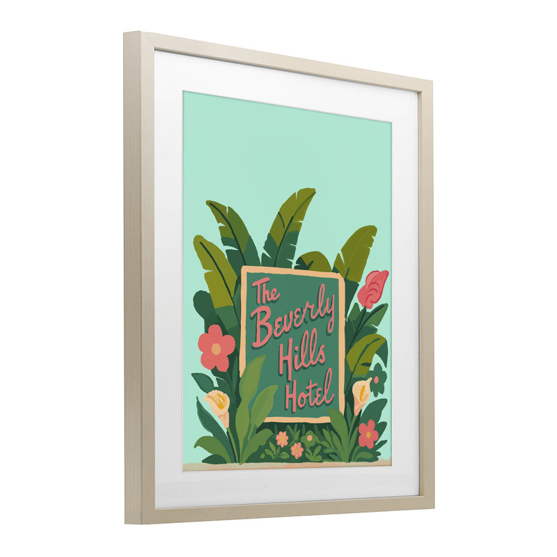 Beverly Hills Hotel, reproduction sous verre encadrée, design par Amelia Noyes, H 16 po x l 13 po, Cadre de récolte en pin