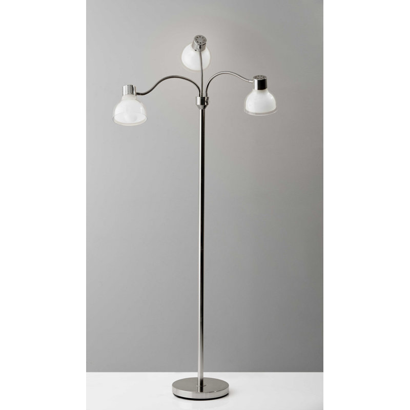 Lampe sur pied réglable à trois lumières au fini doré lustré avec abat-jour intérieur givré, Chrome