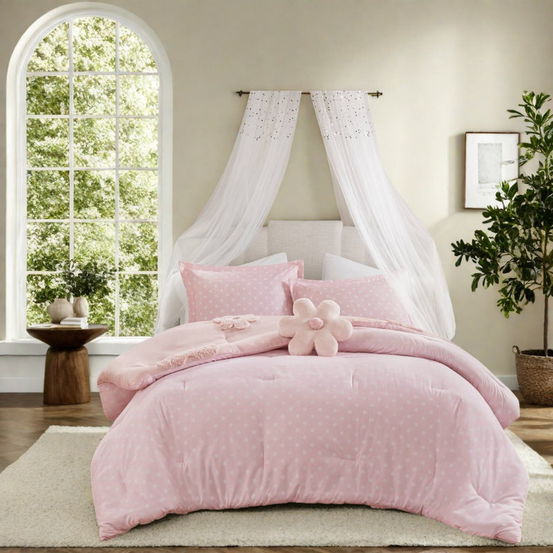 Chic Pink Floral Bedding Set, Chenille Reversible Style For Home