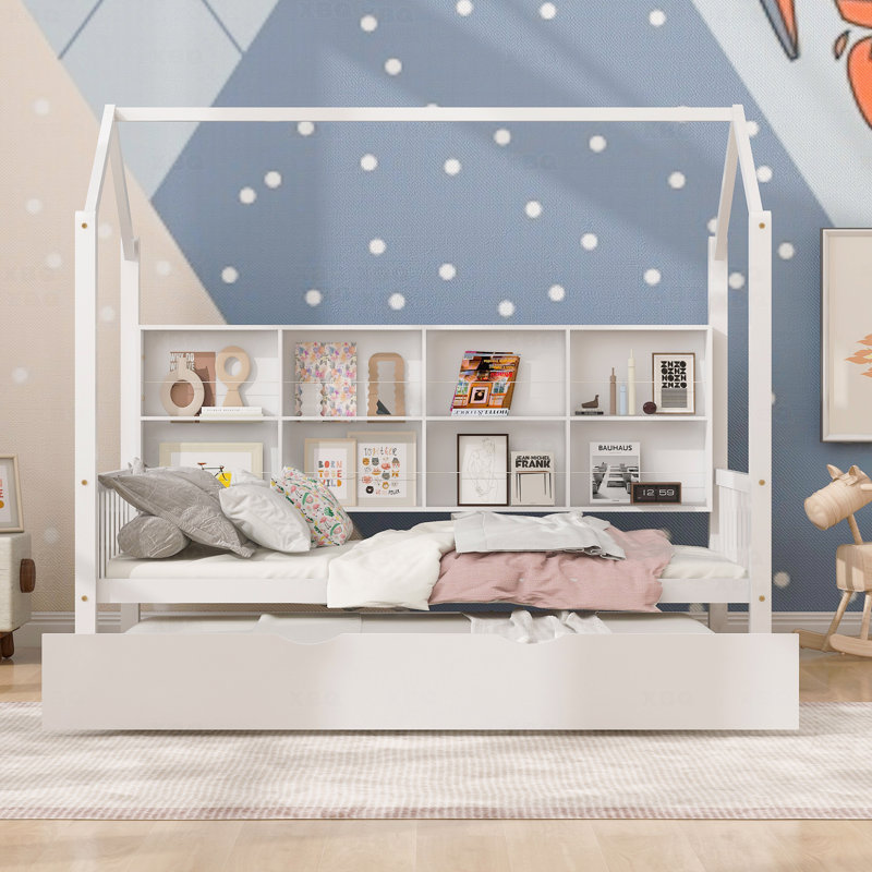 Lit simple, maison en bois avec lit gigogne, enfants avec tablette, blanc, Lit simple