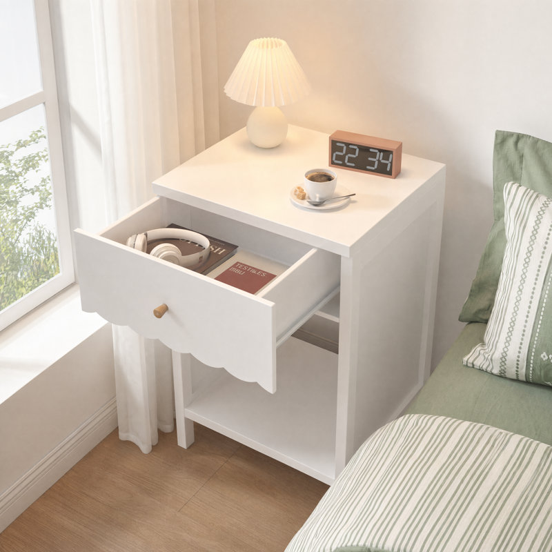 Table de chevet avec tiroir et tablette de rangement ouverte, table de chevet moderne à bord festonné, table de bout en bois pour chambre à coucher, armoire de chevet pour petit espace