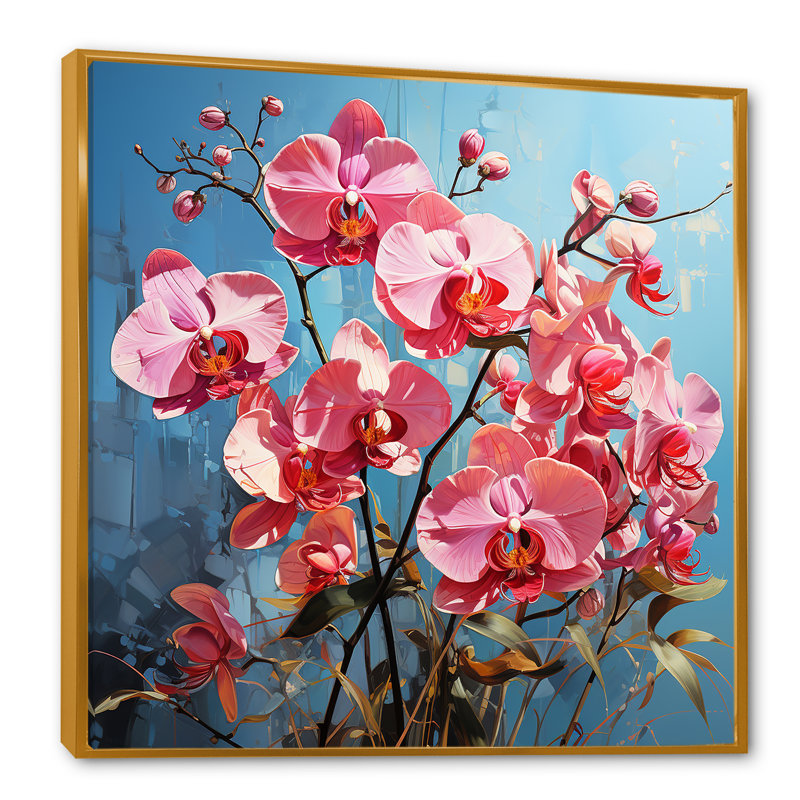 Orchidées roses néon sur toile, Cadre flottant doré, H 24 po x l 24 po x P 1 po
