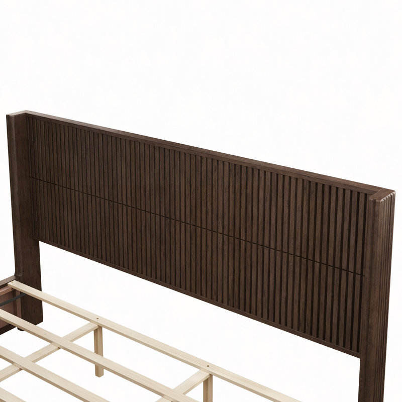 Solid Wood Platform Bed Frame With Headboard, No Box Spring Needed, Floor-Standing Bed, Easy Assembly, Walnut, King