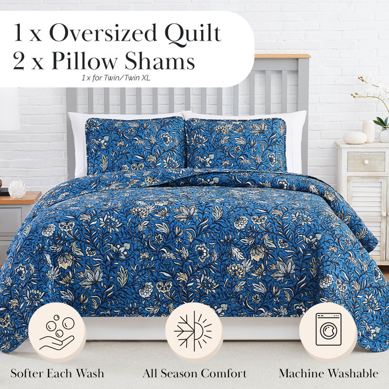 Blooming Blossoms Microfiber Quilt Set, Full/Queen Quilt + 2 Shams, Blue