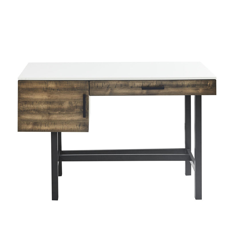 Bureau d'écriture avec espace de travail spacieux: base en bois massif, plateau de table blanc lustré, grand espace de rangement texturé à l'avant brouté: ultrabrillant