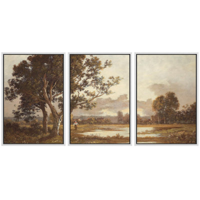 Rural Landscape " Rural Idyll Lakeside Trees and Pastoral Landscape Nature Wilderness Illustration Decor " 3 Piece Art Set
