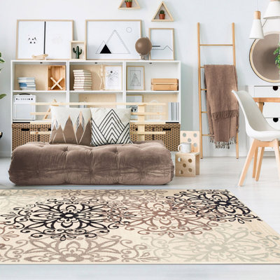 Tapis beige et gris tissé à la machine 3 pi x 5 pi Medallion