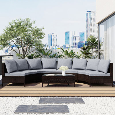 5-Piece Half Moon Outdoor Sectional Sofa Set, Patio All-Weather PE Wicker Furniture With Pillows, Cushions & Half-Moon Tempered Glass Table by Latitude Run