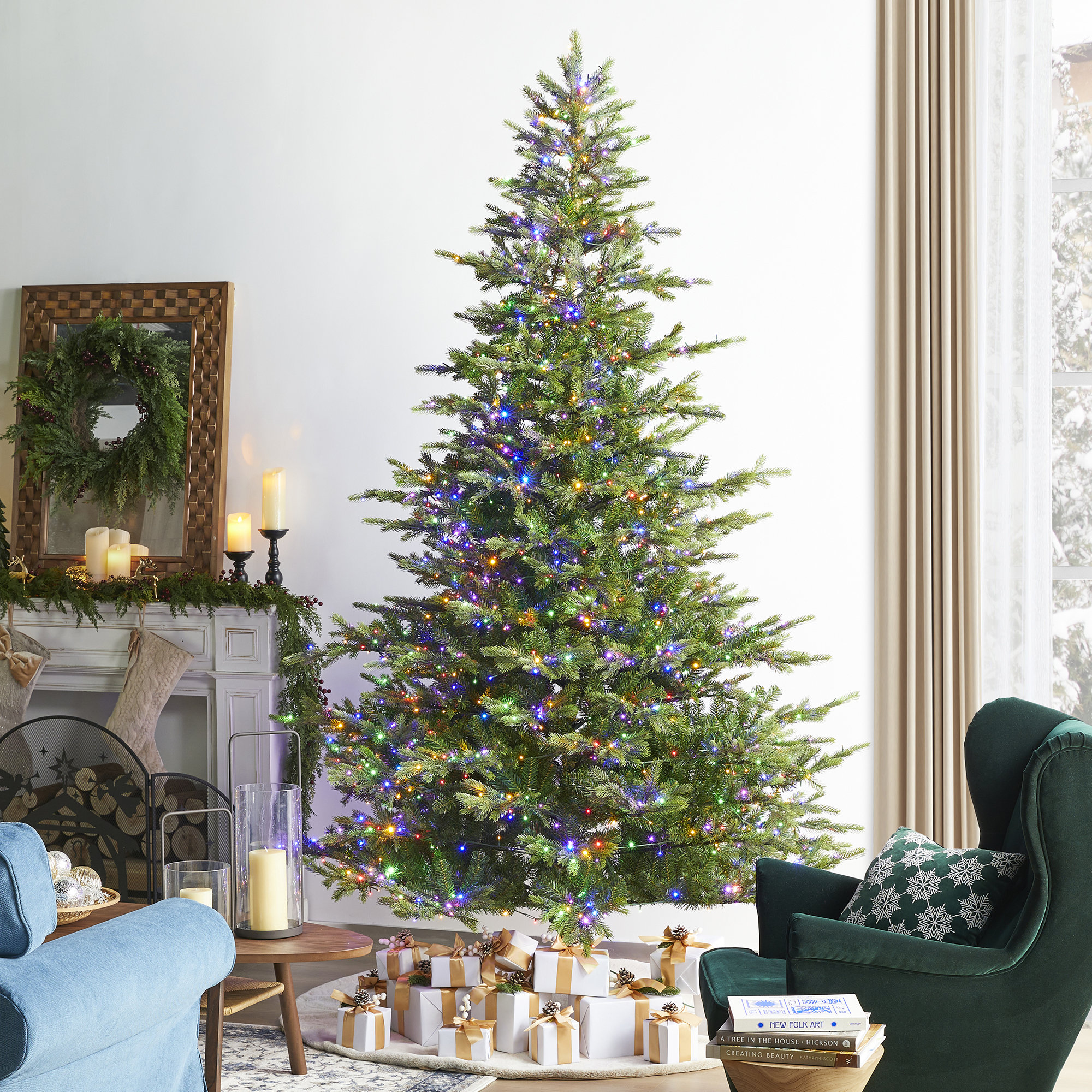 Leilonie Vibrant Evergreen Fir Pre-Lit Green Full Fir Artificial Christmas Tree with Lights, 9'