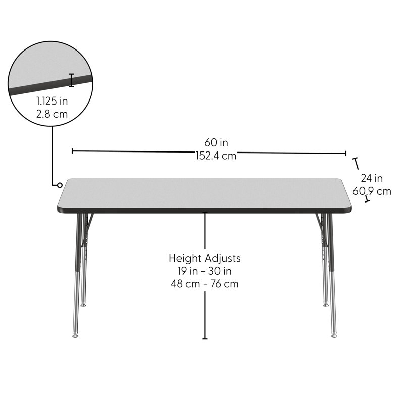 Table rectangulaire d'activité rectangulaire avec pieds réglables, Gris/noir, Roulement pivotant standard, 30" x 72"