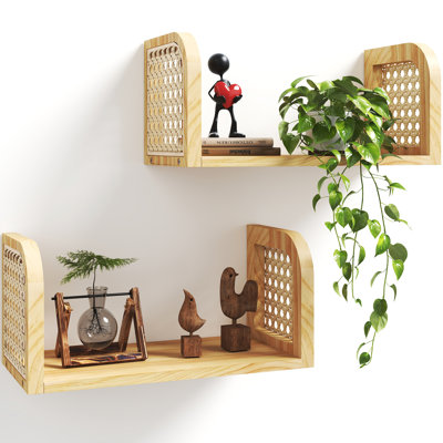 Rattan Wall Shelf, Wooden Hanging Bookshelf Storage, Cute Nursery Shelves Wall Mounted, Boho Decorative Floating Shelves For Kids Room, Living Room, Play Room, Bedroom
