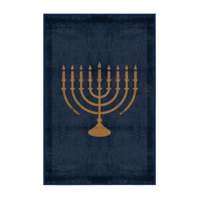 Machine Washable Moravian Hanukkah Modern & Contemporary Abstract Rug in Gray – Navy Binding