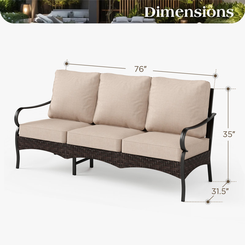 76'' Wide Metal Outdoor Patio Sofa with Cushions, Beige