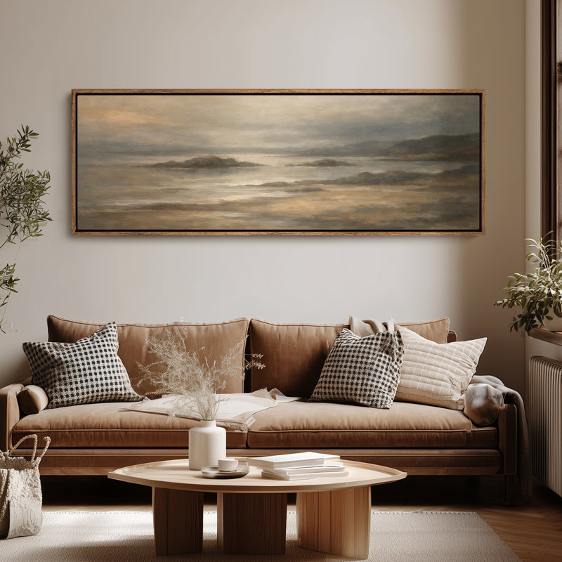 "Calm Coastal Shore" avec voiliers et horizon doux, art mural encadré, H 20 po x l 60 po, Naturel
