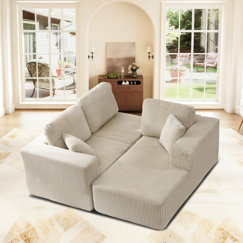 4-Piece Modular Corduroy Sectional Sofa With Chaise, Beige Corduroy, Right Hand Facing