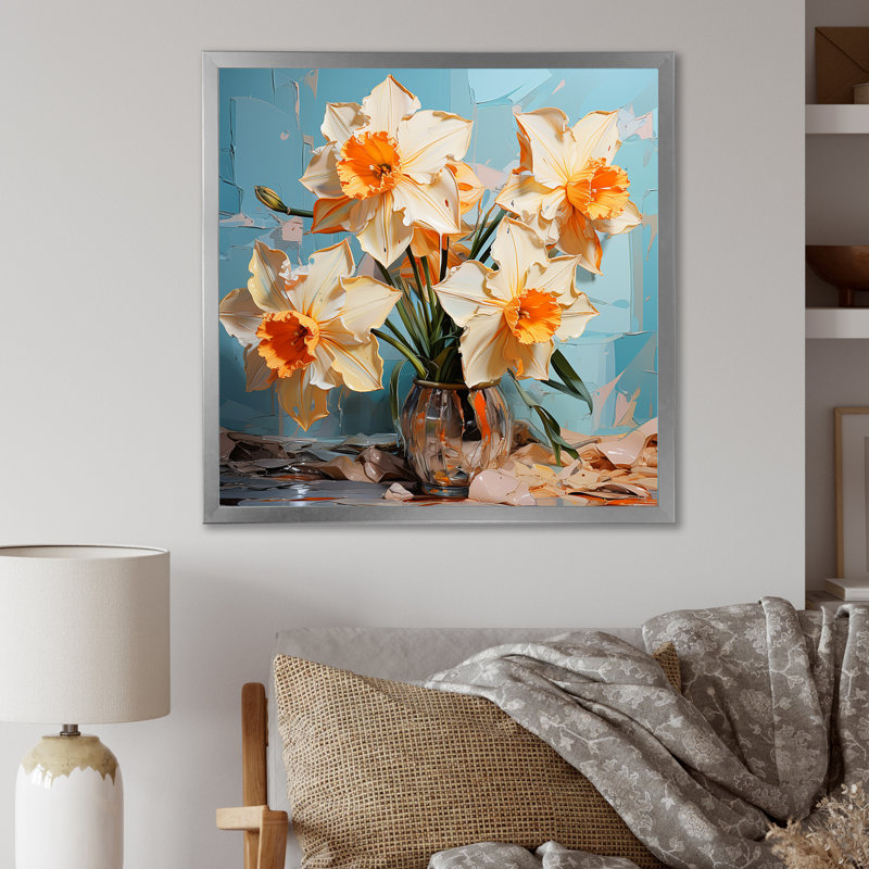 Jonquilles fleuries avec un pinceau féroce, Cadre simple argenté, H 30 po x l 30 po x P 1 po