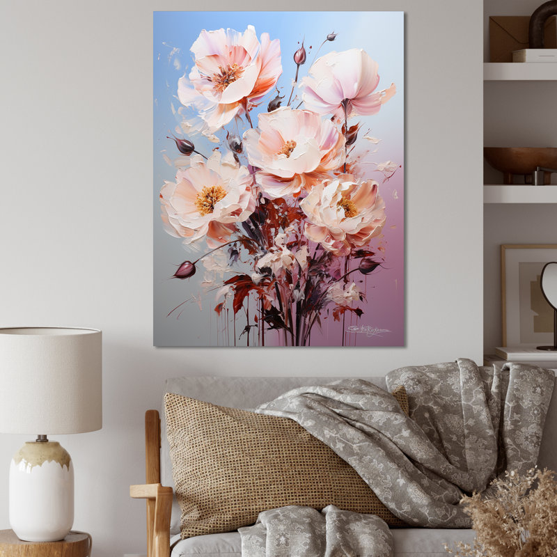 Beige, roses roses et Burgeon sur toile, H 32 po x l 16 po x P 1 po, Toile tendue