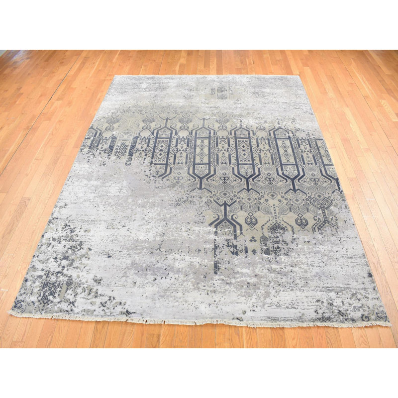 Tapis gris en laine et en soie noué à la main 8 pi x 9 pi 10 po 7C98613EC1D84E5697A37BAFAE9BC804