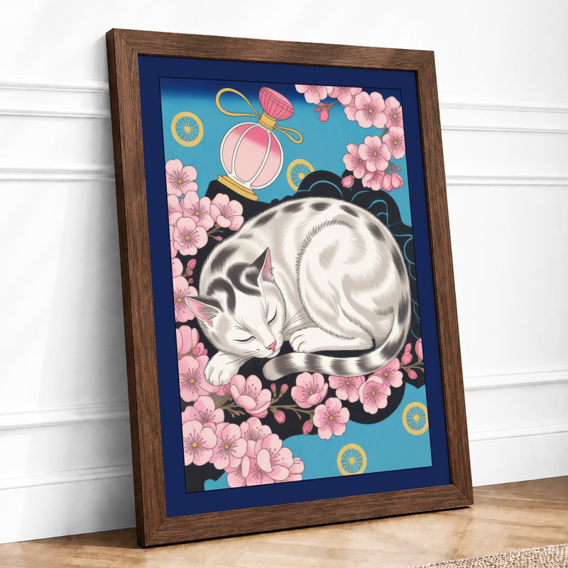 Sleeping Cat in Bloom Boho - Framed Print, A2 - 59.4 x 42.0 cm, Walnut