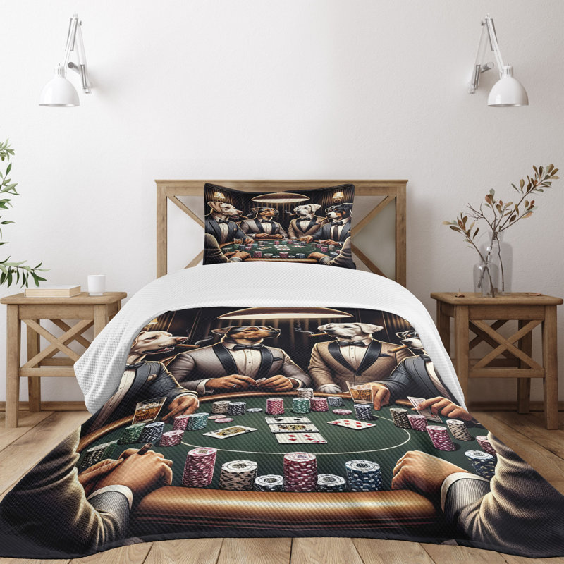 Twin Size Brown Dark Green Polyester Dog Poker Coverlet Set