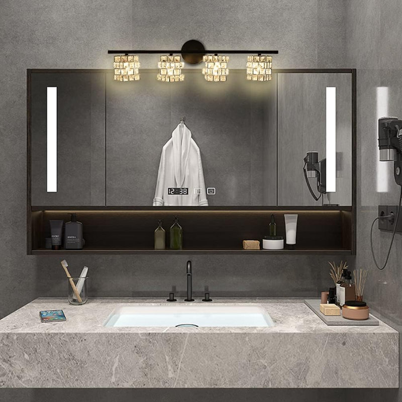 BDL Modern Bathroom Vanity Light Fixture With Crystal Shade - 4 Light Wall Sconce For Mirror - Black Stainless Steel IP44 Waterproof - G9 Bulb Compatible (Bulbs Not Included)
