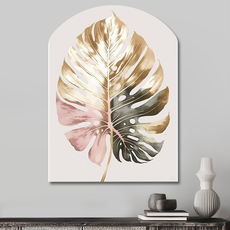 Or et blanc feuille de philodendron II - arche de décoration murale en métal florale, sculpture murale asymétrique en métal