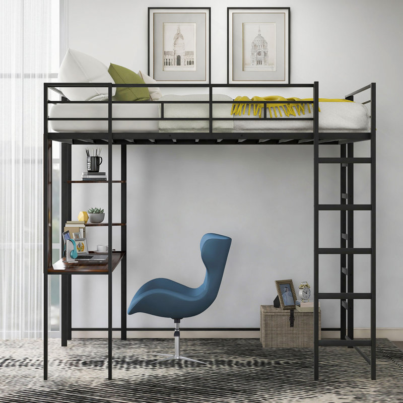 Lit mezzanine double en métal avec 2 tablettes et un bureau, Noir, Lit double