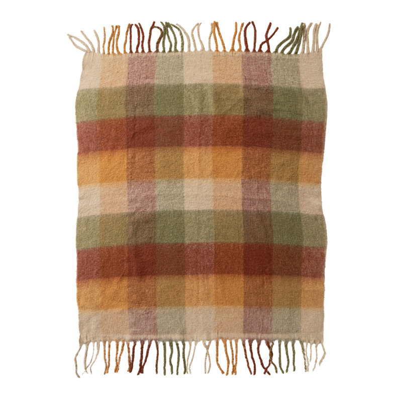 Brushed Plaid Fringe Throw, Multicolor Polyester