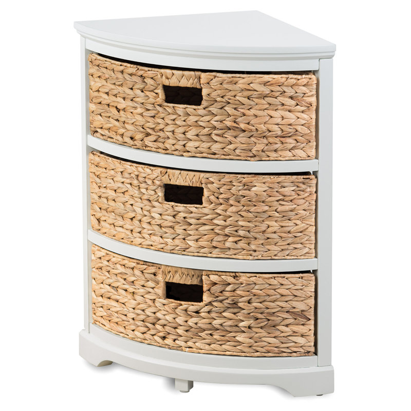 Breunig Solid Wood 3 Drawer X-Side Corner Storage Drawer with 3 Wicker Baskets, White, White