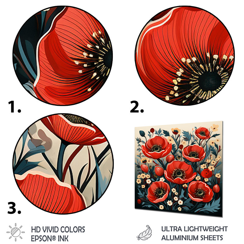 Swanage - coquelicot, art mural, H 30 po x l 30 po, Sans cadre, métal