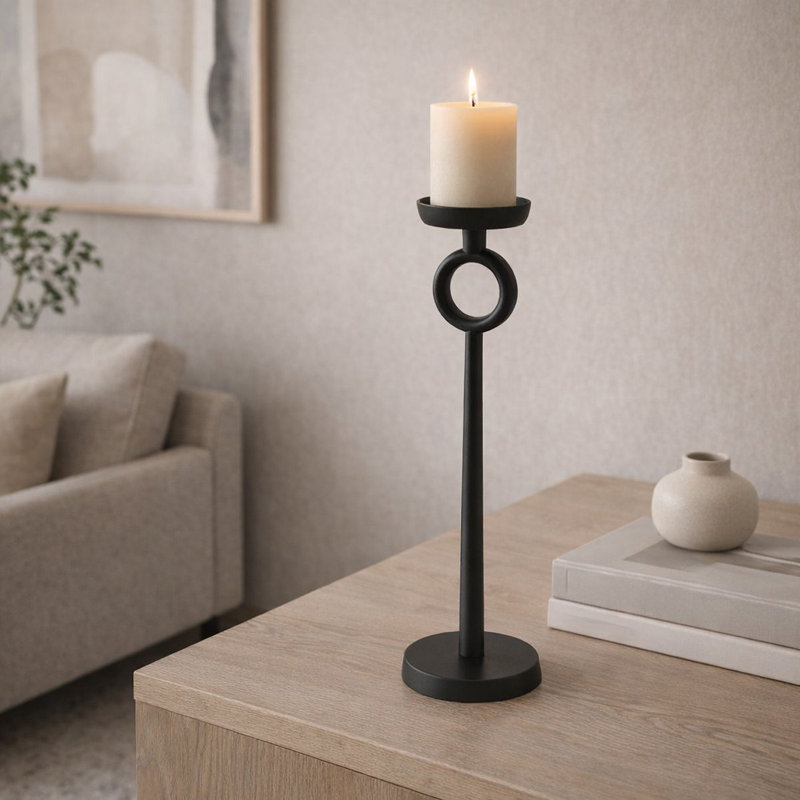 Porte-bougie simple en fer noir moderne, H 17 po x l 5 po x P 5 po, Noir