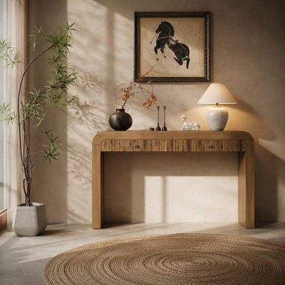 Rustic Console Table with Fluted Drawer Front, Entryway Table with Curved Corners & Thick Legs, Sturdy Sofa Table for Hallway & Living Room (Natural)