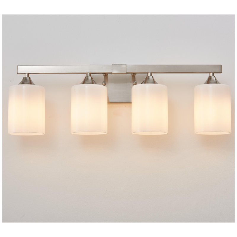 Luminaire de salle de bain 4 lumières en nickel brossé avec abat-jour en verre blanc laiteux, applique murale réversible (ampoules non incluses)