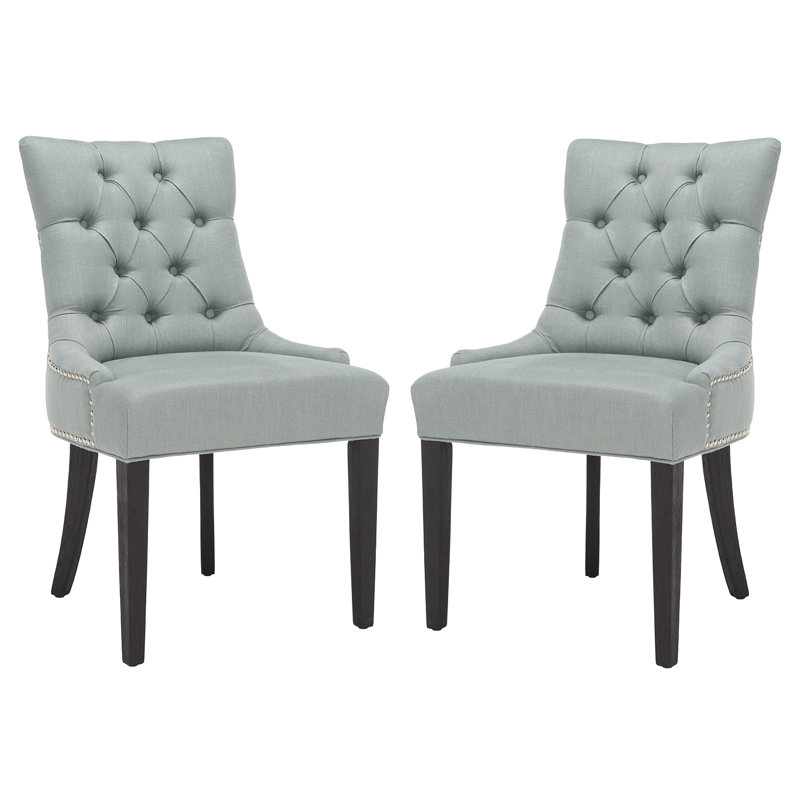 Chaise d'appoint rembourrée en lin et capitonnée Dann, Bleu pâle