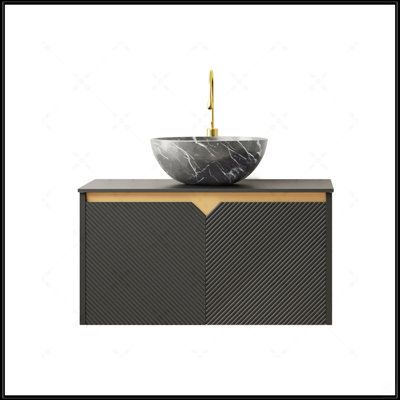 Meuble-lavabo flottant mural de 30 pouces avec rangement en contreplaqué, portes doubles en sergé et plateau en pierre frittée noire, vasque en céramique noire