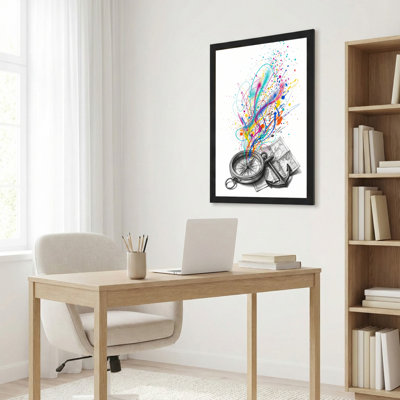 Art mural sur toile noir encadré pour le salon, la chambre à coucher, le bureau ou le vestibule - décoration murale décorative avec boussole colorée