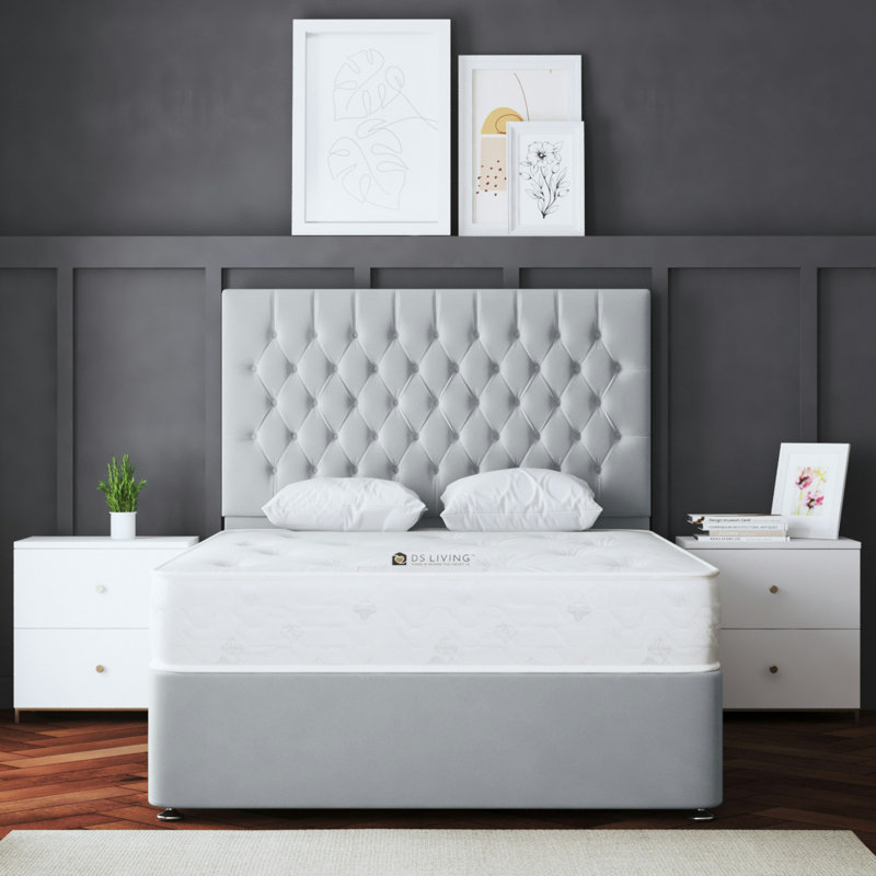 Seraphine Chesterfield 2 Draw Divan Bed with Headboard, Silver, Kingsize (5')