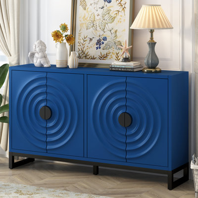 Wooden Storage Cabinet Sideboard with Water Wave Doors, Rubberwood Veneer & Adjustable Shelves for Living Room by Skunk Pro