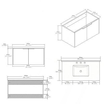 36 Inch Floating Bathroom Vanity with Sink, Soft-Close Drawer, 2-In Carrara Cultured Marble Countertop Top & Backsplash,Plywood