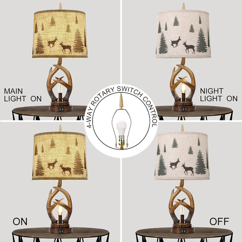 Ensemble de 2 lampes de table rustiques en bois rustique de style campagnard avec veilleuses et ports USB