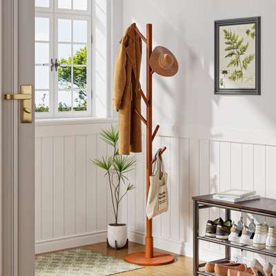 Freestanding Bamboo Coat Rack With 8 Hooks For Entryway Tree Style Sturdy Coat Rack Stand Space-Saving Coat Hanger Stand For Entryway, Bedroom, Office, Narrow Place, White