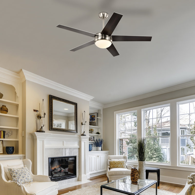 Ventilateur de plafond à DEL 52 pouces à 5 pales en nickel brossé avec télécommande, moteur CC réversible, Nickel brossé