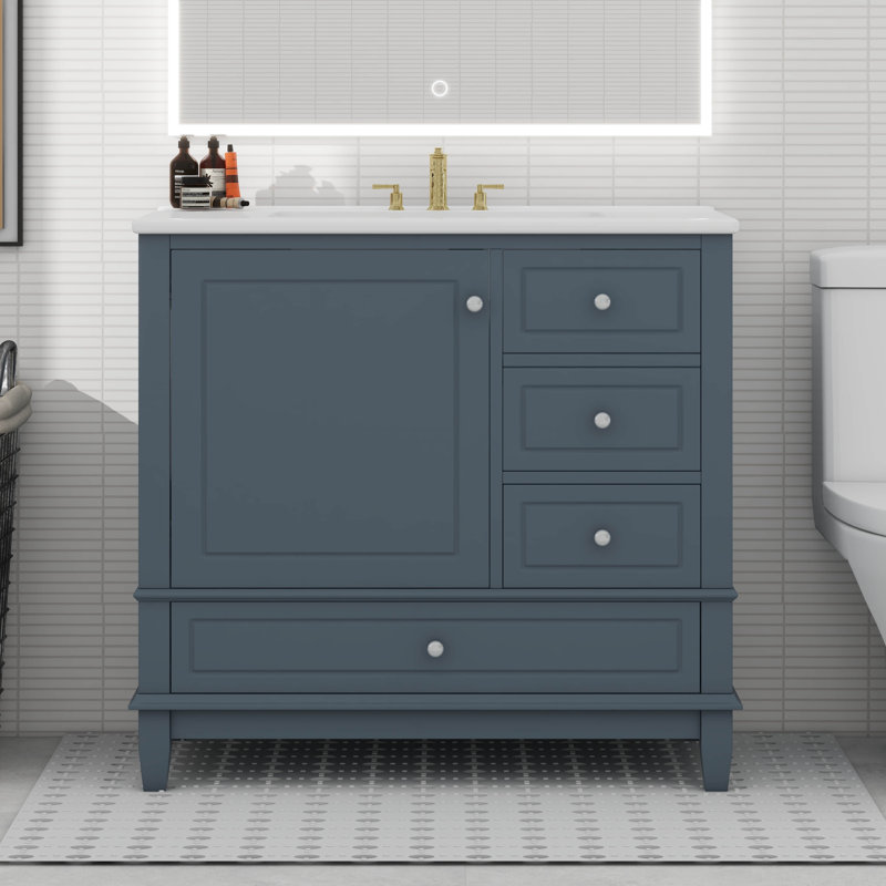 Meuble-lavabo 36 po avec lavabo en céramique, 3 tiroirs et armoire avec tablettes
